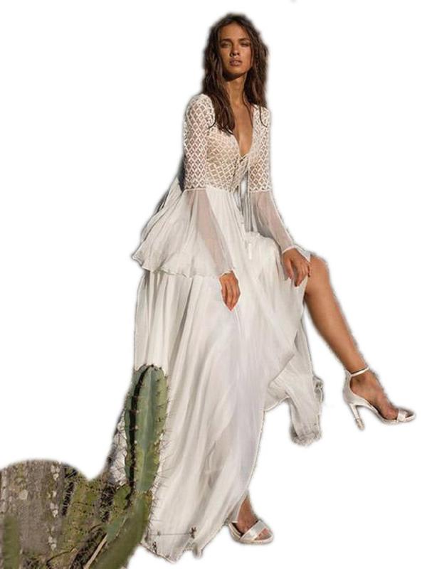 

Women V-neck Flared Backless Maxi Beach Dress