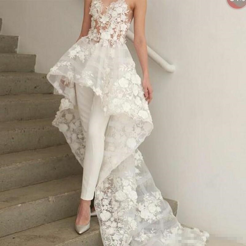 

Sexy New Bohemian White Jumpsuits Wedding Dresses Long Train 2019 Zuhair Murad Sweetheart Lace 3D Floral Appliques Bridal Gown, Purple