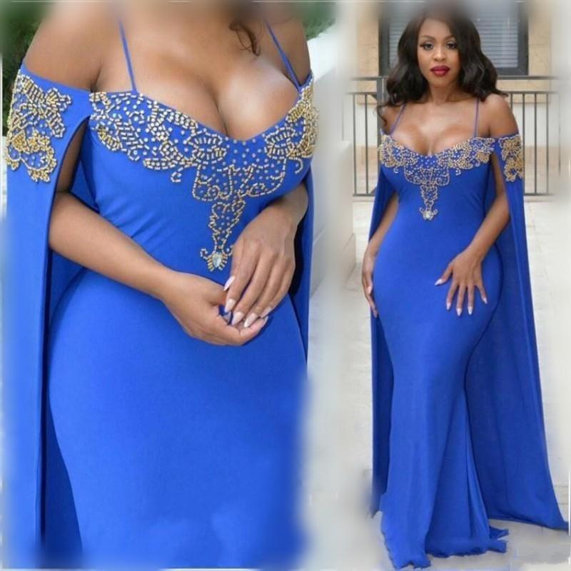 

New Blue Mermaid African Prom Dresses Spaghetti Straps Gold Beading With Cape Vestidos Plus Size Pageant Dress Party Evening Gowns A88, Light yellow
