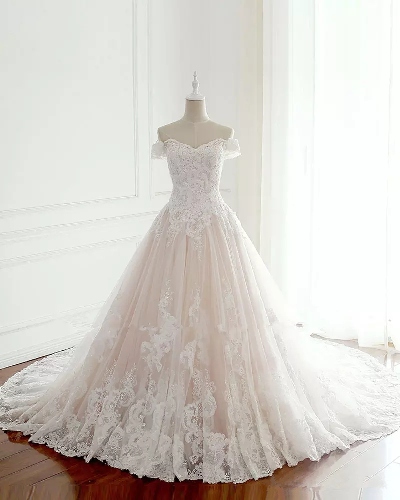 

2019 New Princess Wedding Dresses Turkey White Appliques Pink Satin Inside Elegant Bride Gowns Plus Size QC1311