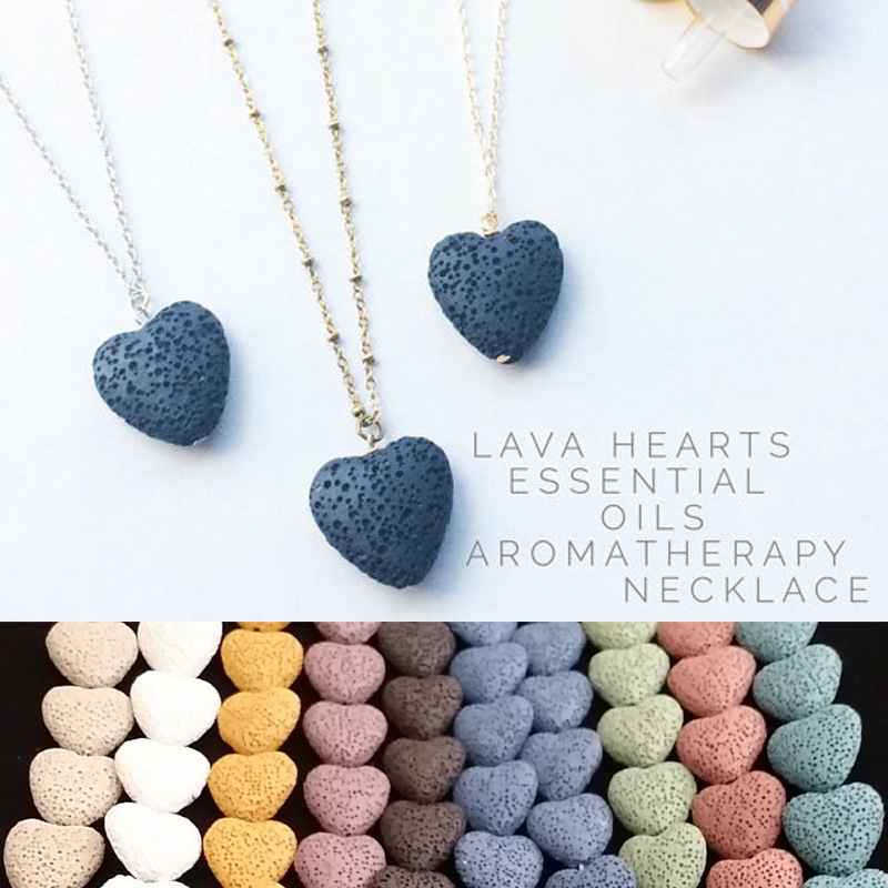 

Heart Lava-rock Bead Pendant Long Volcano Statement Necklaces Aromatherapy Essential Oil Diffuser Necklaces Choker Women Men Jewelry, Silver