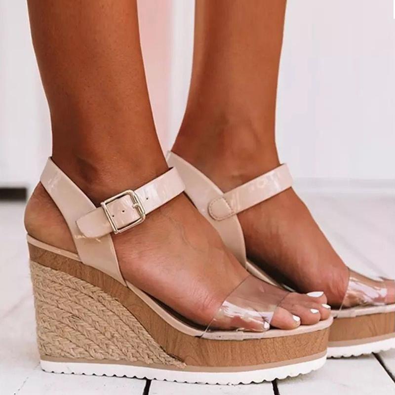 

Women Sandals transparent Design Platform Wedge Female Casual High heel Shoes Ladies Fashion Ankle Strap Open Toe Sandal#0428, Beige