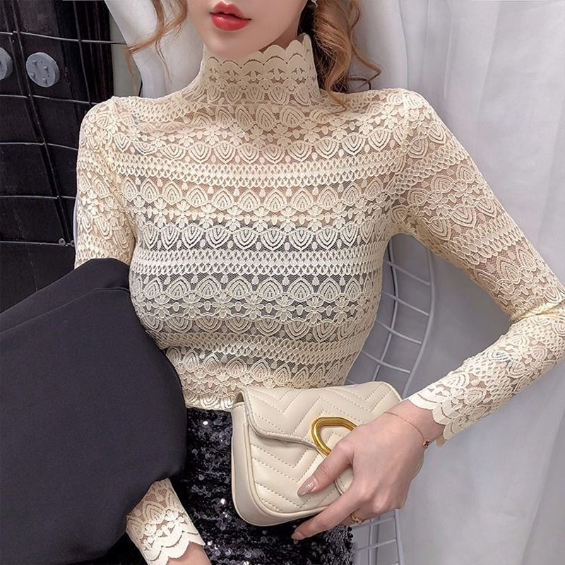 

Fashion Floral Embroidery Lace Blouses Women Spring Summer Sexy See-through Streetwear Tops Ladies Casual Long Sleeve shirts, Beige