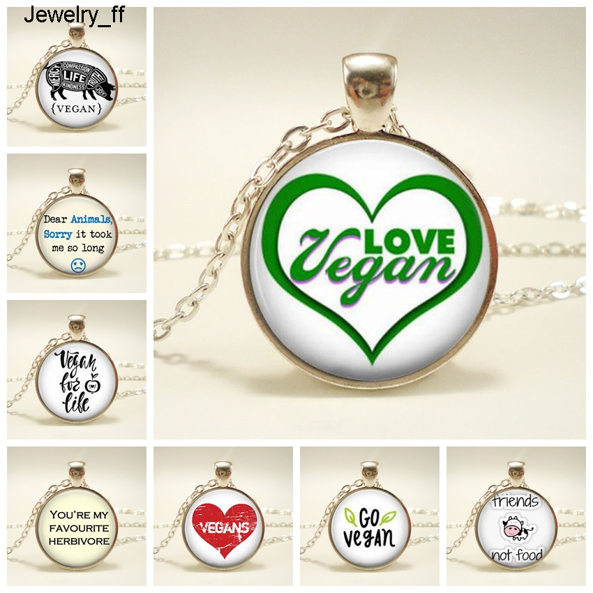 

Hot Sale Vegetarian Necklace Herbivore I Love Vegan Picture Necklace Time Gem Glass Necklace Gift For Vegetarian People