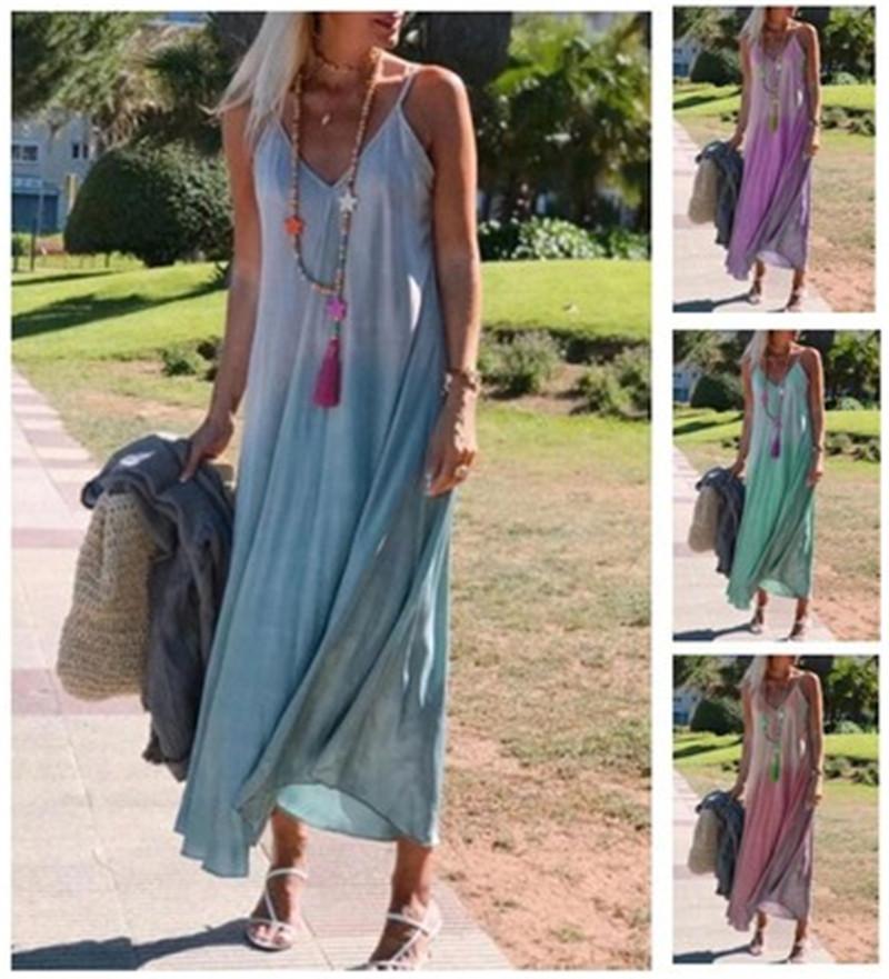 

Strap Gradient Women Dress Designer Fashion Sleeveless Casual Long Dresses Female Summer Deep V-neck Loose Suspenders Dress Clothing