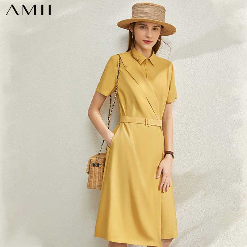 

AMII Minimalism Spring Summer Fashion Solid Spliced Women Dress Causal High Waist Lapel Belt Knee-length Female Dress 12030095, Black