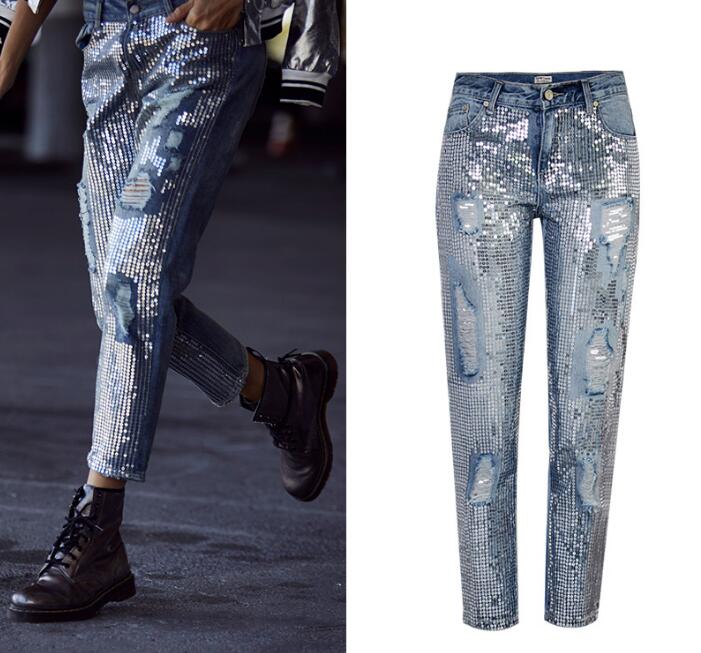

European&American sequins ripped Jeans Fashion women straight-leg ninth Jeans Chic denim pants U316, Blue