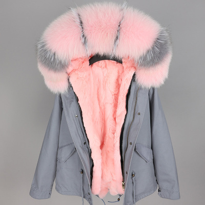 

MAOMAOKONG brand Women fur parkas pink grey raccoon fur trim girl snow coats pink rabbit fur lining grey mini parkas, Choose the model