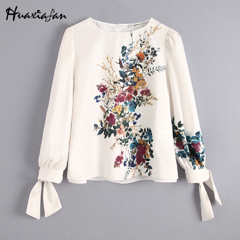 

Huaxiafan women floral blouse white shirts floral print tops female bow tie long sleeve shirt O neck office ladies shirts blouse