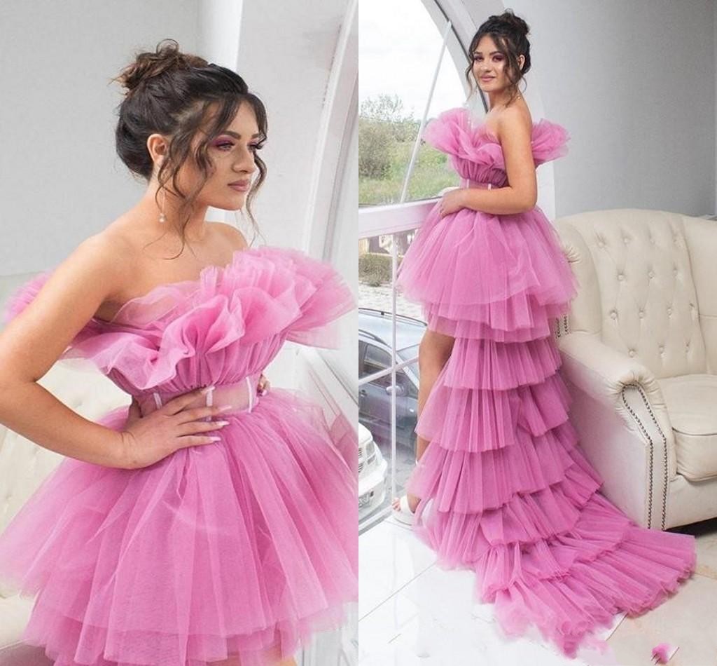 

High Low Puffy A Line Prom Dresses Ruched Strapless Tiered Tulle Tutu Skirts Cocktail Party Dress Evening Gown, Gray
