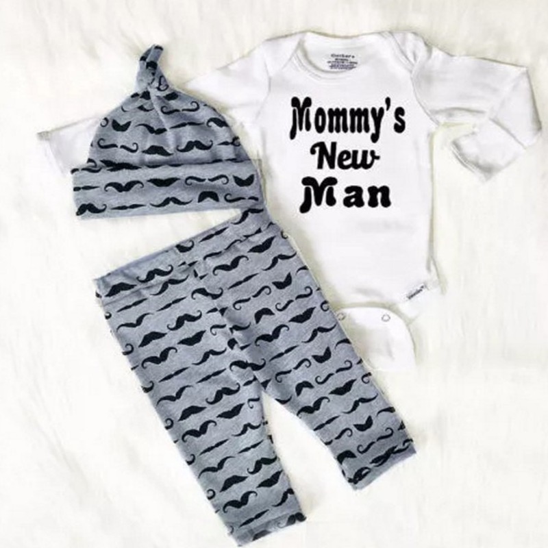 

2020 Cute 3PCS Set Newborn Baby Boy Clothes Lovely Mommy's New Man Mustache Print Bodysuit Tops Long Pants Hat Outfits 0-18M, Fh63