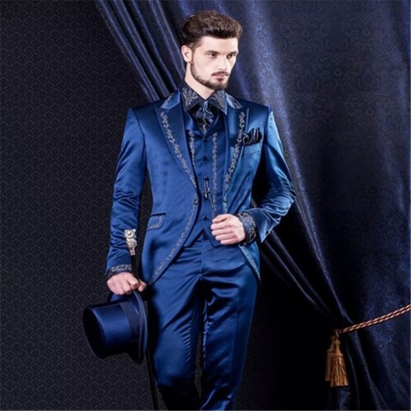 

Customize Blue Embroidery Groom Men Suit Tuxedos Tailcoat Groomsmen Mens Wedding Prom Suits (Jacket+Pants+Vest+Tie, As the image