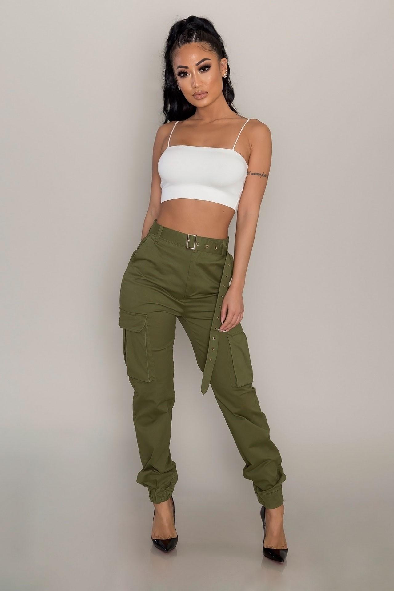 

Autumn Women Designer Pants Fashion Slim Cool Girls Cargo Pants without Belt Casual Hip Hop Style Pants, Khaki