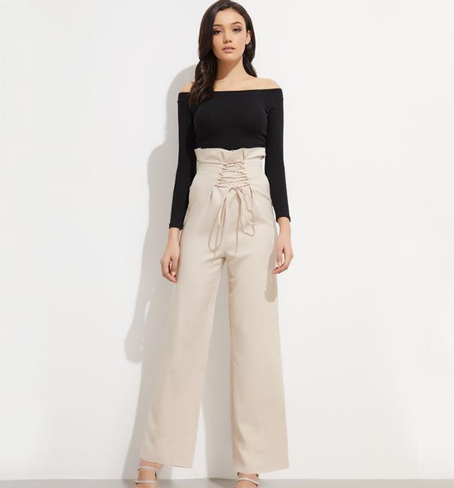 

2019 summer women clothing high waist wide leg pants women elegant ruffled lace trousers, As pic