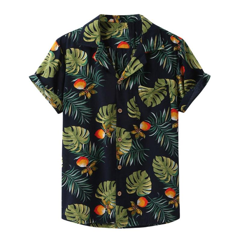 

Summer Mens Shirt Short Sleeve Casual Shirts Ethnic Printed Turn Down Collar Beachwear Hawaiian Shirts Men Korean Chemise Homme, Navy