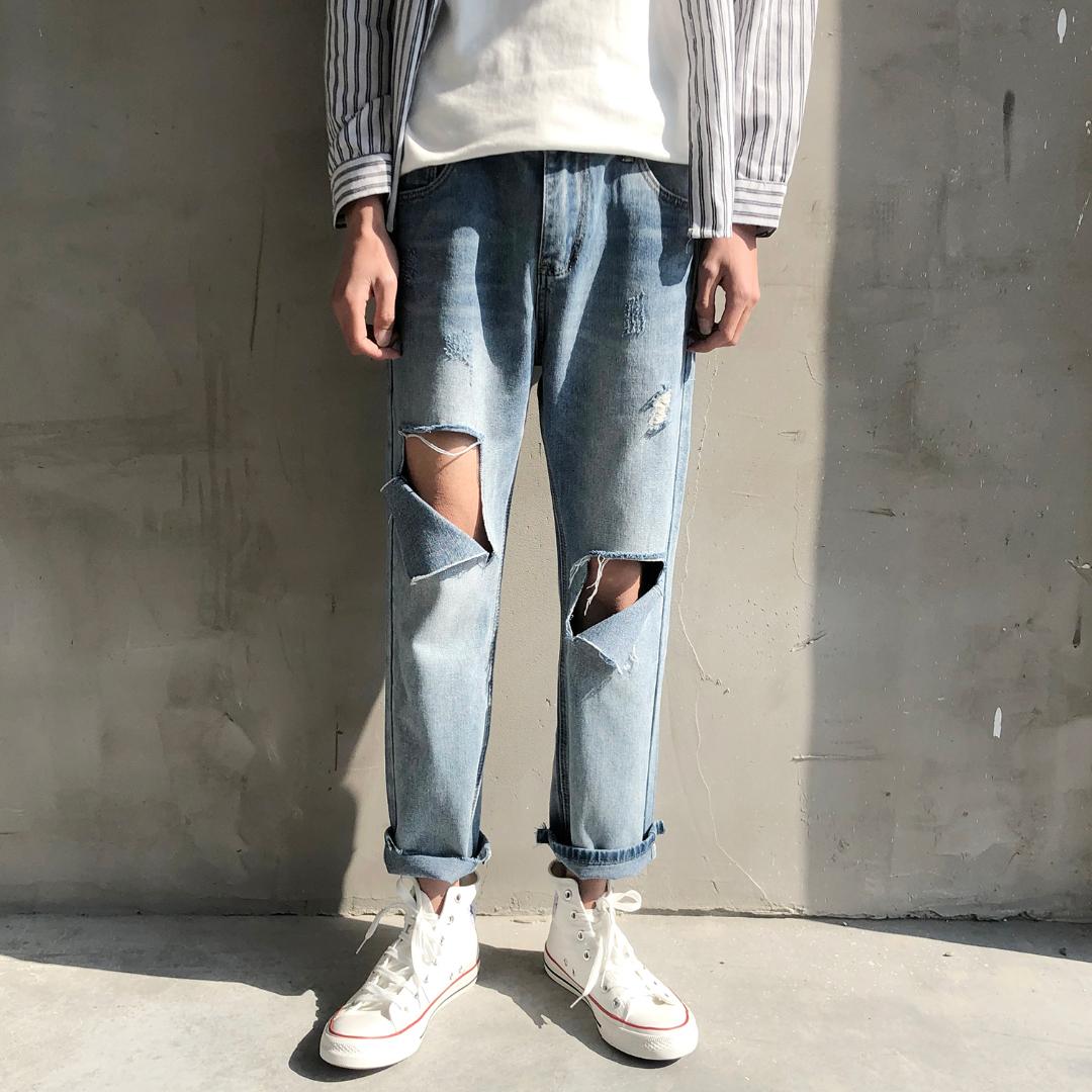 

2019 Summer Men' Holes Stretch Slim Fit Classic Jeans Fashion Trend Trousers Leisure Blue Color Brand Casual Pants Size -2XL, Baby blue