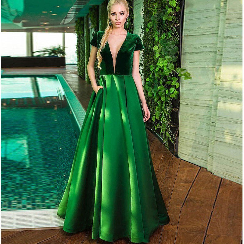 

Elegant deep V Neck Short Sleeves Long Evening Dresses Custom Made Pocket Velvet Abendkleider Formal Evening Gowns Vestido De Fiesta, Same as picture