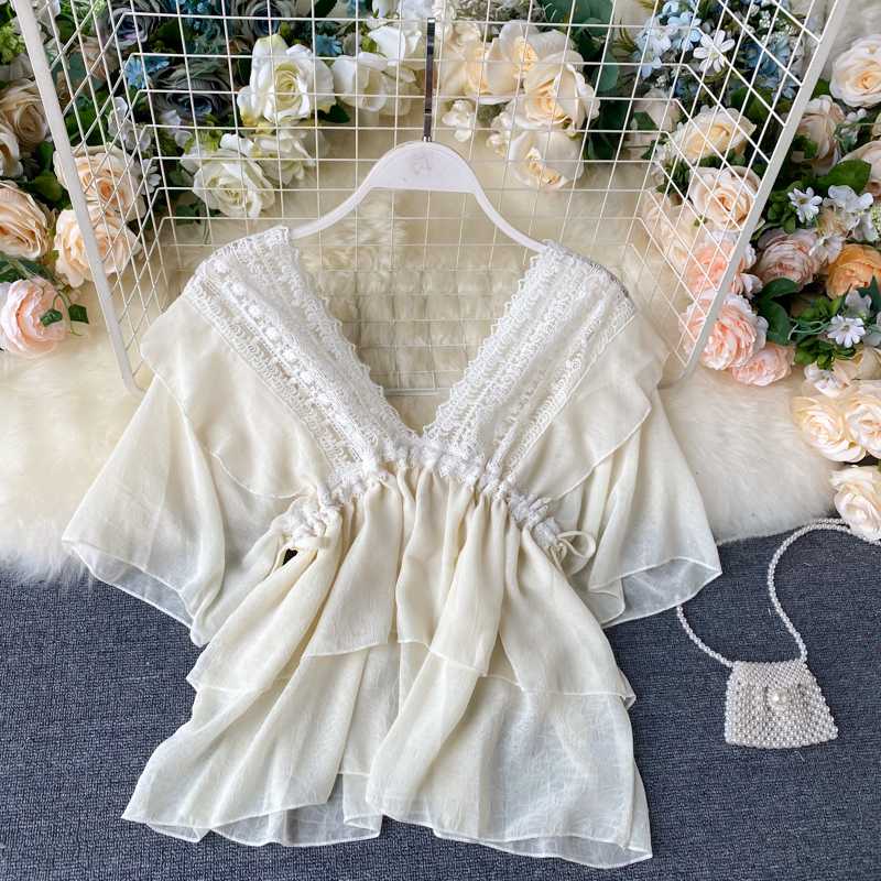 

Chiffon Blouse Korean Ruffle Top Lace Boho Clothing Crop Tops Kimono Beach Shirt Women Summer Short Sleeve Clothes 2020 V Neck, Ruffle blouse