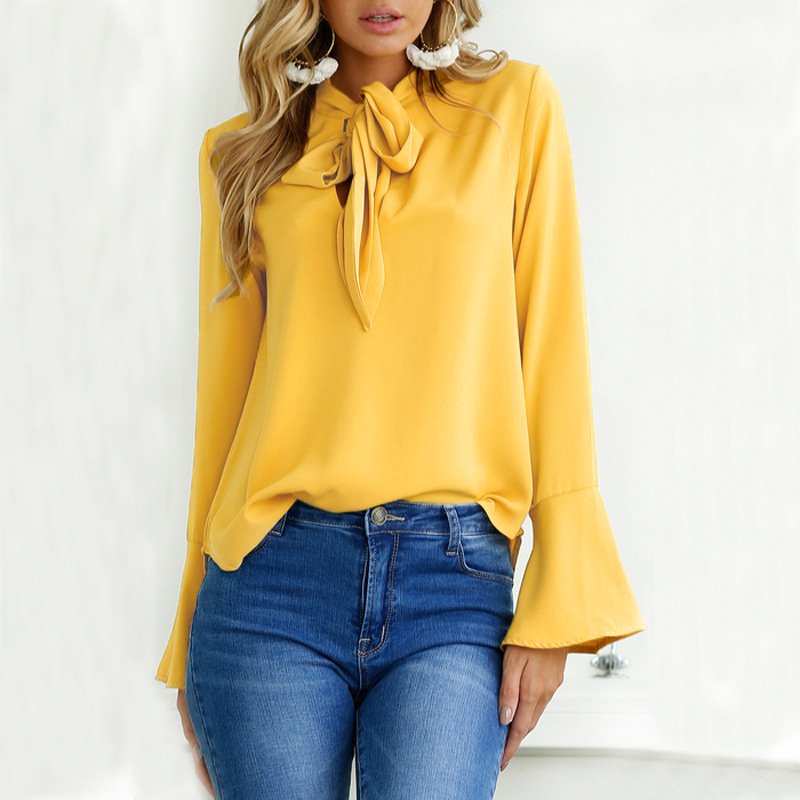 

2018 Summer Women Loose Casual Shirt Blouse Chiffon Women Yellow Pink Black Office color bow Long sleeves Blouse Tops
