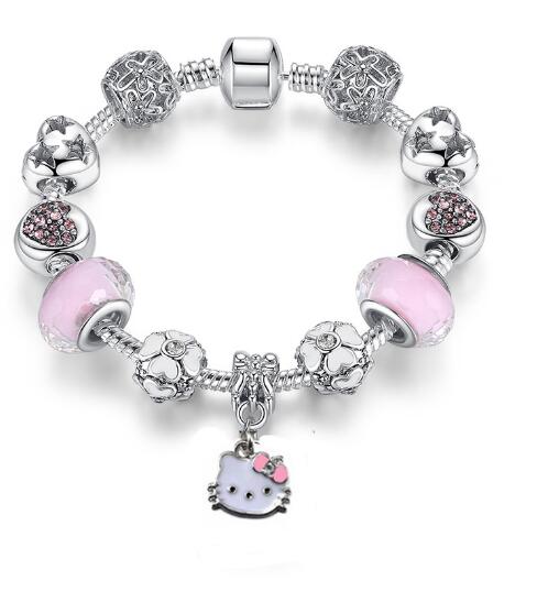 Nouveau mignon bracelet de chat rose bracelet en verre de cristal alliage bricolage bracelet de fille gros trou