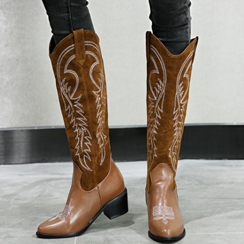 

Western Cowgirl Boots Pointed Toe Winter Warm Cowboy Boots Shoes Women Knee High Female Cossacks Botas Mujer, Black