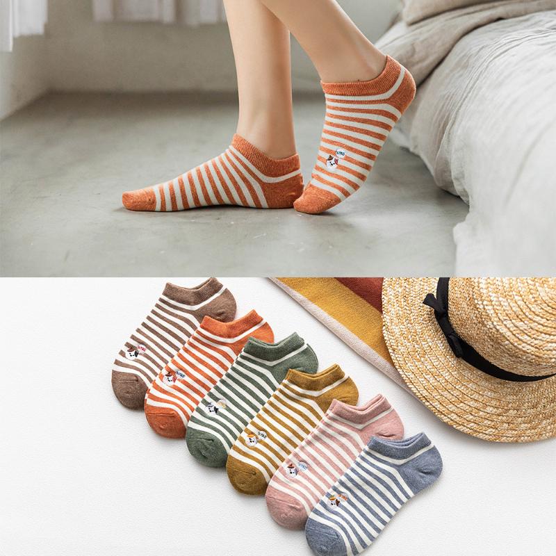 

Spring And Summer Cotton Socks Fashion Women Boat Colorful Female Socks Shallow Mouth Short Cat Embroidery 6Pairs/Lot