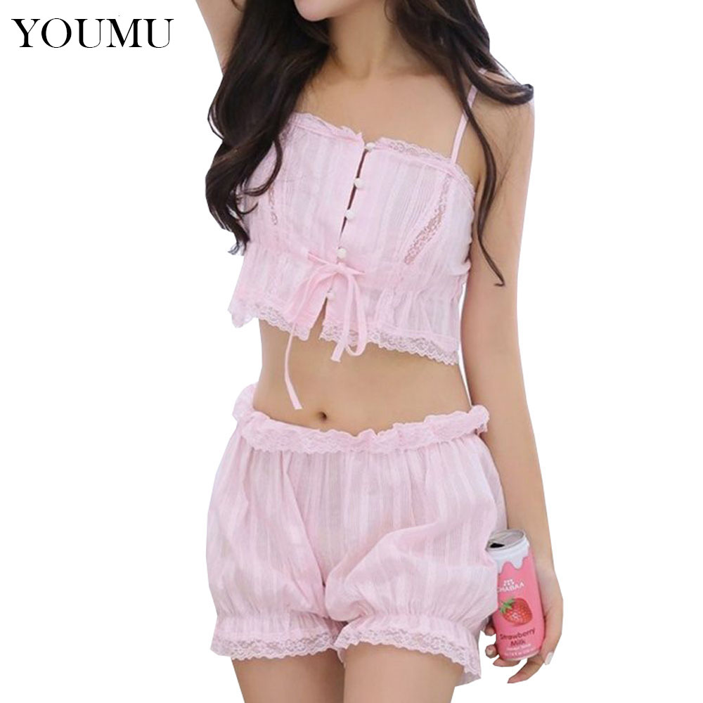 

Lolita Camisole Shorts Set Japanese Cute Pajama Set Cotton Lace Sleepwear Women Girl Sexy Underwear Nightgowns 200-909, Pink
