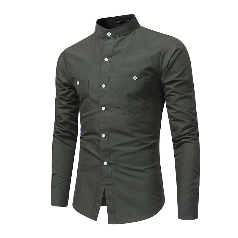 

2017 Pockets Mandarin Collar Solid Shirts Brand-clothing Mens Dress Shirts Long sleeve Slim Fit Smart Casual Man Chemise homme, Beige