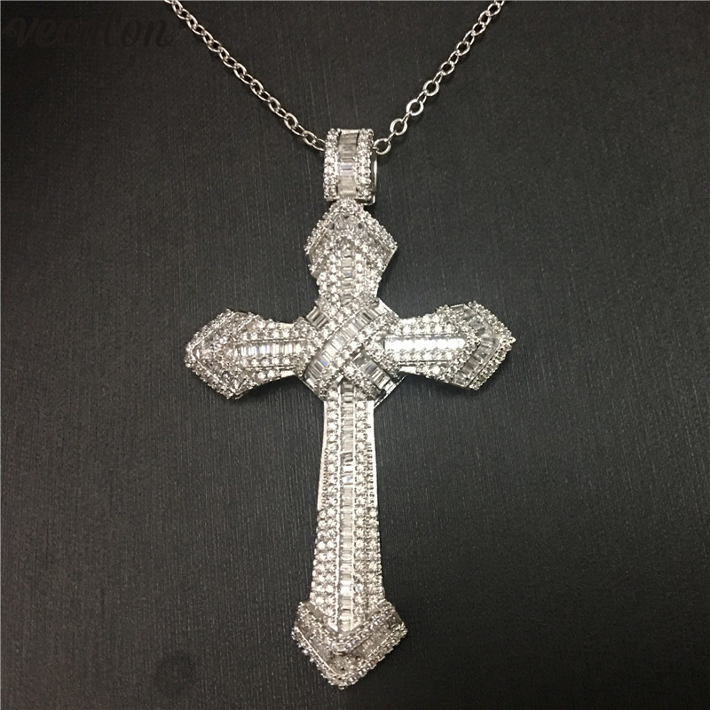 

Vecalon Fashion HIPHOP Big Cross pendant 925 Sterling silver Diamond Party Wedding Pendants with necklace for Women Men Jewelry