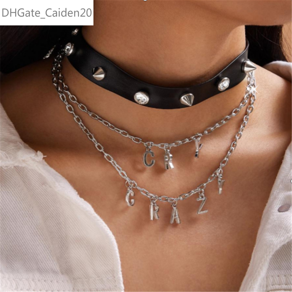 

2pcs/set Multi Layer Punk Hip Hop Pu Leather Rivet Choker Necklace Vintage Initial Letter Pendant Necklaces Jewelry