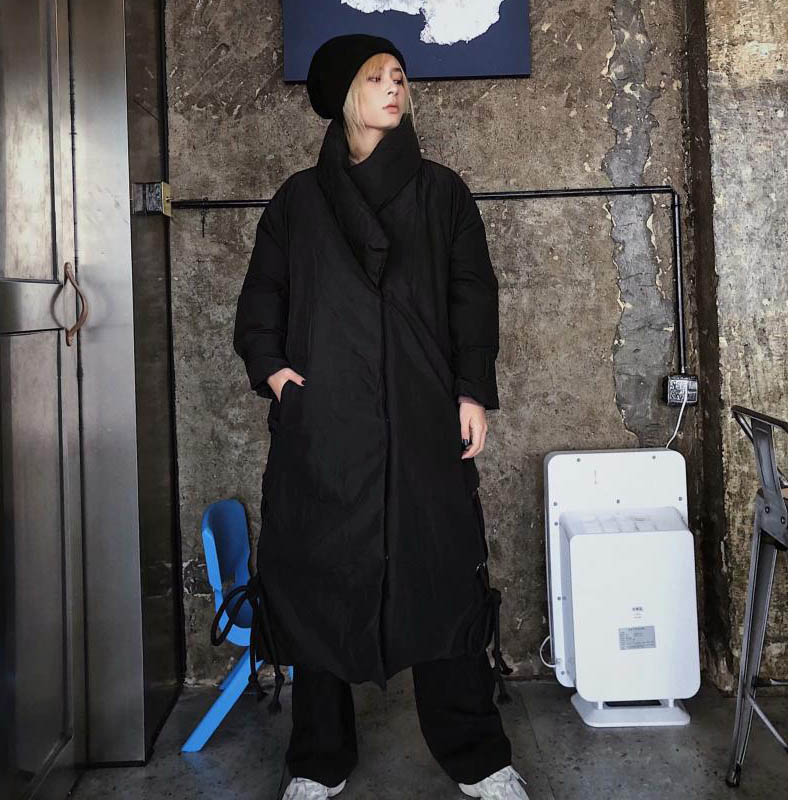 

2018 Winter New Black Loose Long-sleeved Side Straps Long Paragraph Warm Cotton Clothes Ladies Thick Cotton Coat