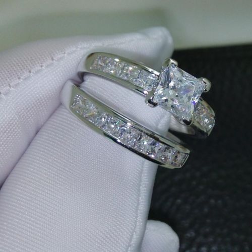 

Wholesale- Size 5/6/7/8/9/10 Jewelry 10kt white gold filled Topaz Princess cut simulated Diamond Wedding Ring set gift with box