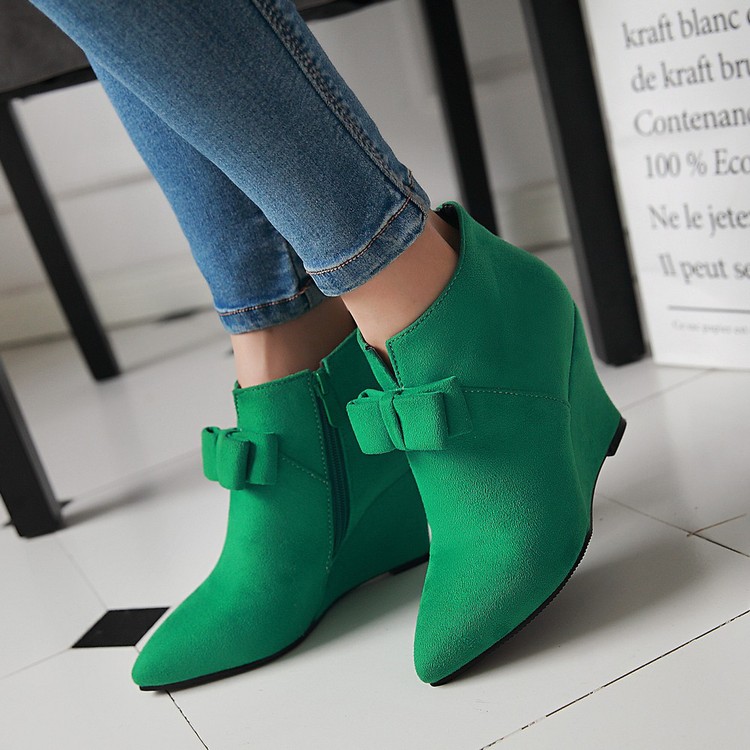 

size 33 to 43 adorable green pink suede bowtie pointed wedge shoes ankle booties luxury designer women boots, Black