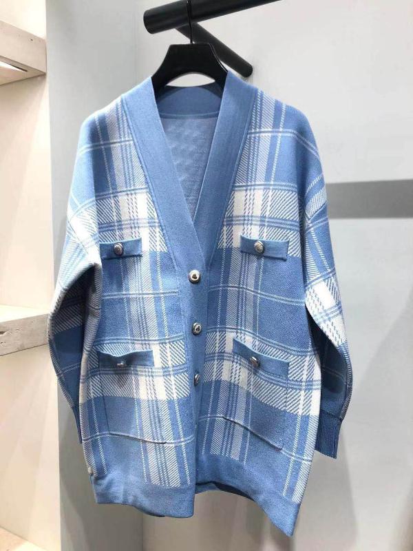 

2020 Summer Small Fresh College Style Grain V Collar Button Cardigan Coat Female 22010, Blue
