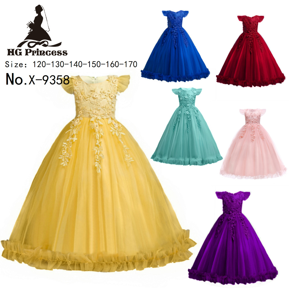 

1pcs Girls plus size lace Embroidered ball wedding gowns Kids Flying Sleeve pageant dresses girls floor lengths layers christening dresses, Pink