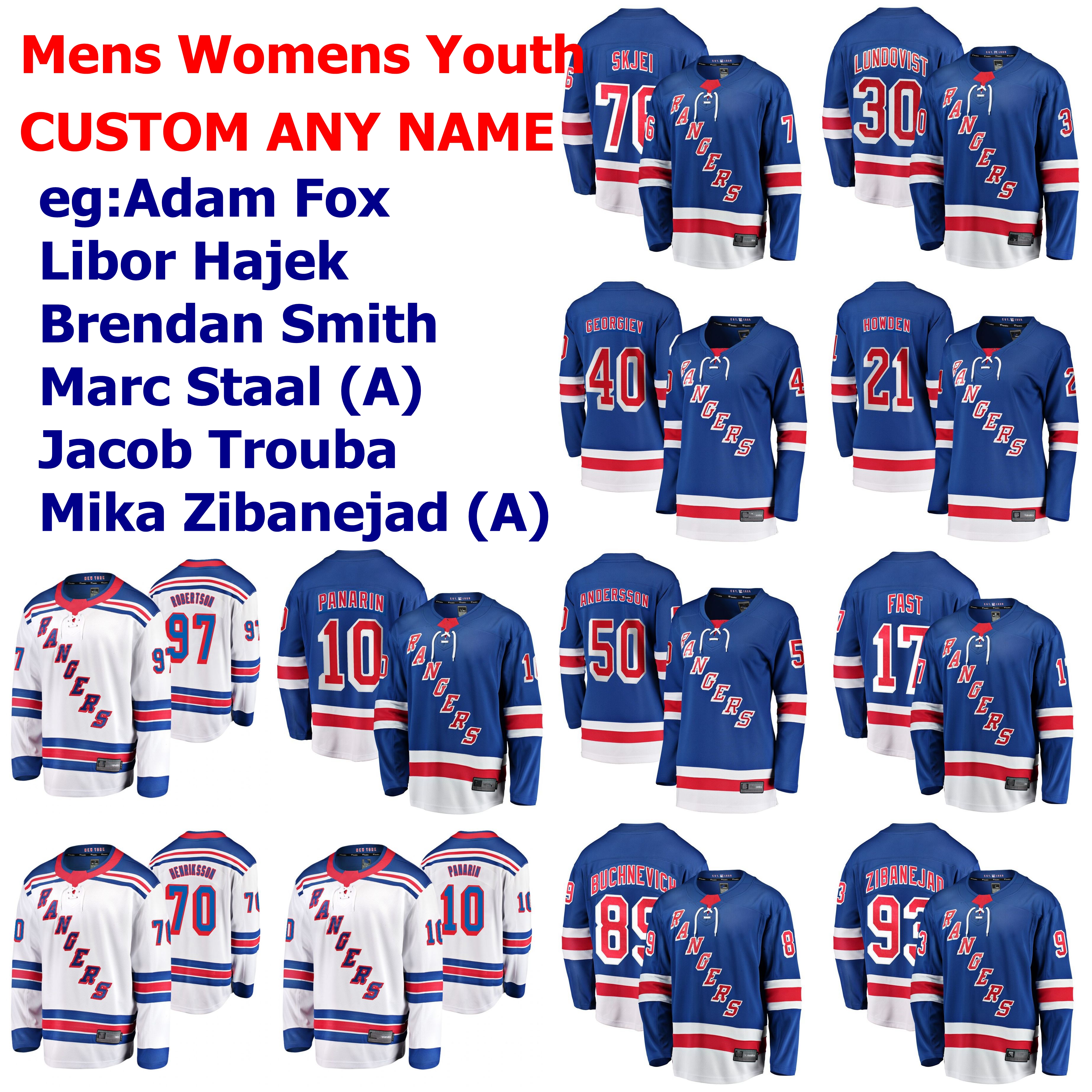 

New York Rangers Jerseys Womens Kids Adam Fox Jersey Libor Hajek Brendan Smith Marc Staal Jacob Trouba Blue Hockey Jerseys Custom Stitched, Womens white 2019 golden edition