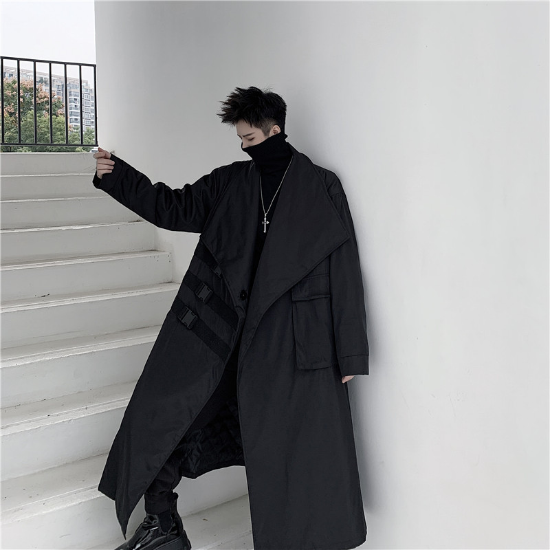 

Men's Trench Coats Male Punk Gothic Fashion Casual Loose Windbreaker Long Jacket Overcoat Men Japan Street Dark Black Coat Outerwear, S52