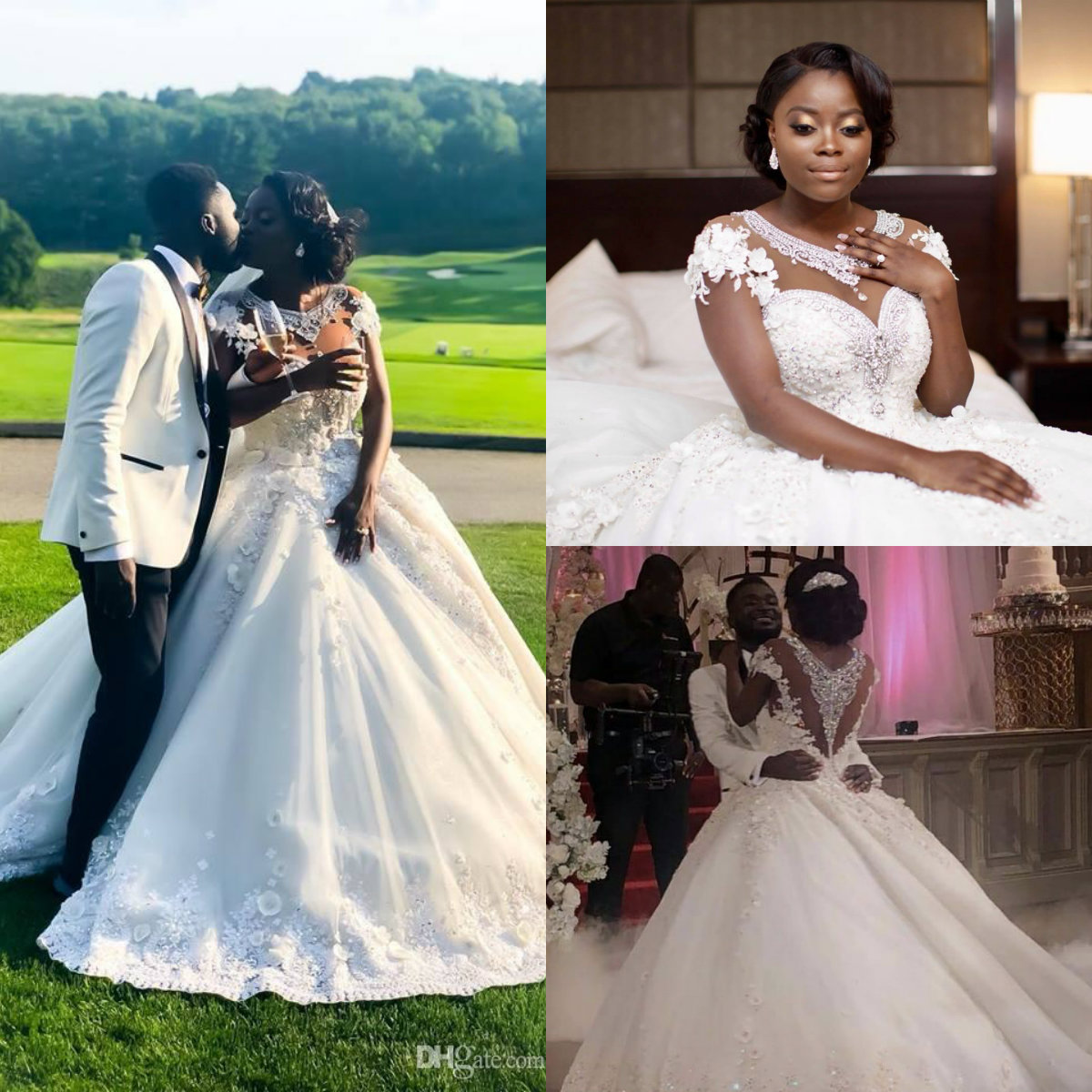 

2019 Luxury Wedding Dresses Jewel Neck Lace Appliqued Beads Crystal Sweep Train Plus Size Bridal Dress Short Sleeves Modest Wedding Gowns, Custom made from color chart