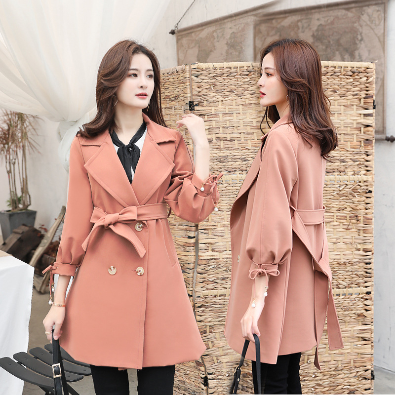 

Elegant Solid Long Trench Coat for Women British Double Breasted Three Quarter Sleeve Ropean Windbreakers Sashes Fall Overcoat, Pink