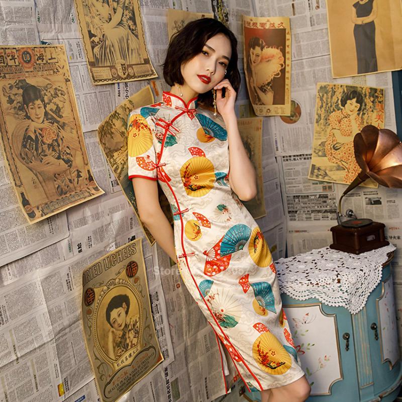 

Umbrella Fan Digital Print Silk 2020 Chinese Dress New Pattern Design Cheongsam Banquet Dress Women Slim Chinese Qipao Party