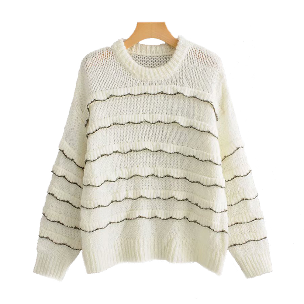 

2019 Women Warm Striped Ruffles Women White Acrylic Sweater Knitted Pullovers Ladies Chic Knitwear Sweater Feminine Clothes