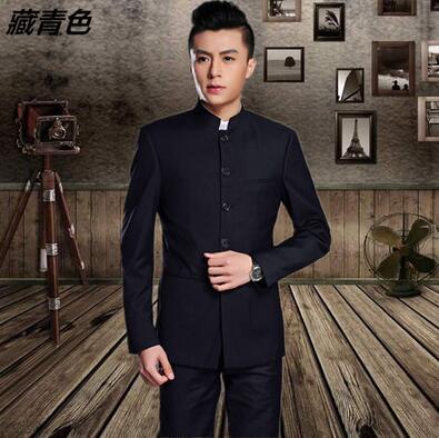 

men Chinese tunic suit set with pants mens casual suits stand collar Chinese style slim formal dress men' groom suit black grey