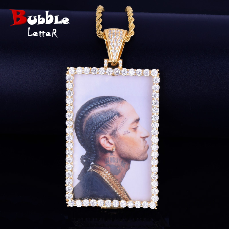 

Custom Made Photo Squar Medallions Necklace & Pendant with 4mm Tennis Chain Gold Silver Color Cubic Zircon Men's Hip hop Jewelry