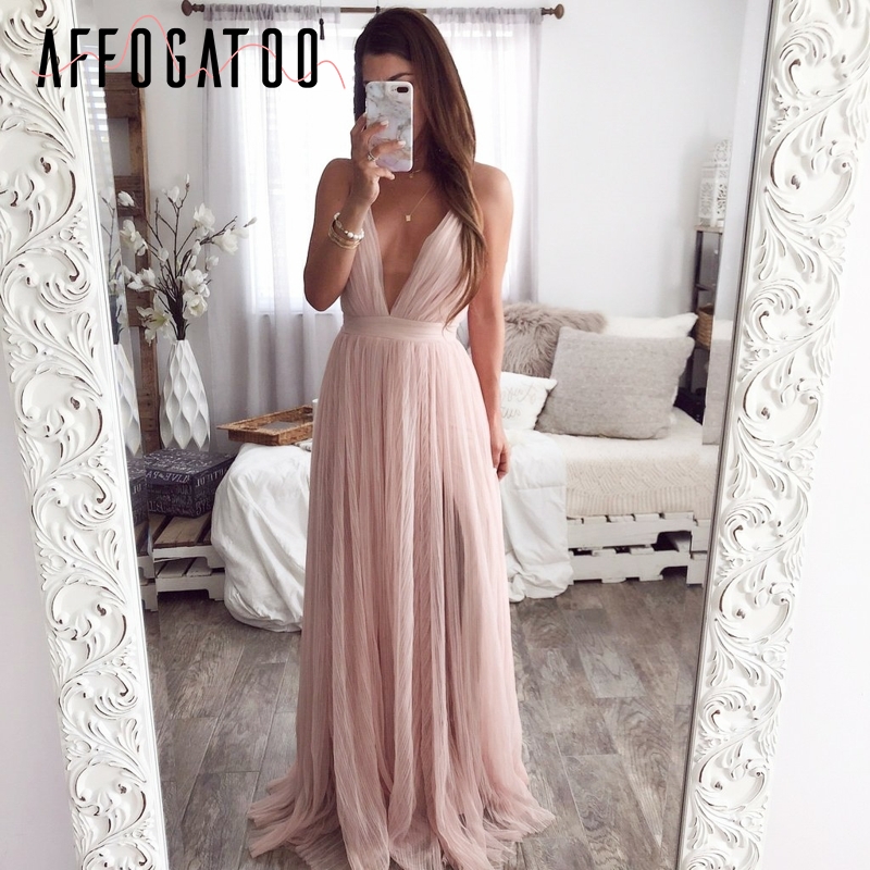 

Sexy deep v neck backless summer pink dress women Elegant lace evening maxi dress Holiday long party ladies 2019, Nude pink