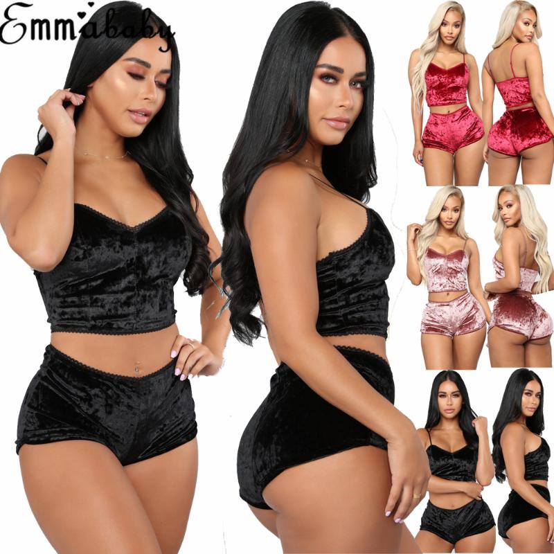 

2020 Women Ladies Solid Clothes Set Summer Sleeveless Underwear Sexy Pajamas Velvet Crop Tops Bralette Shorts Costume, Black