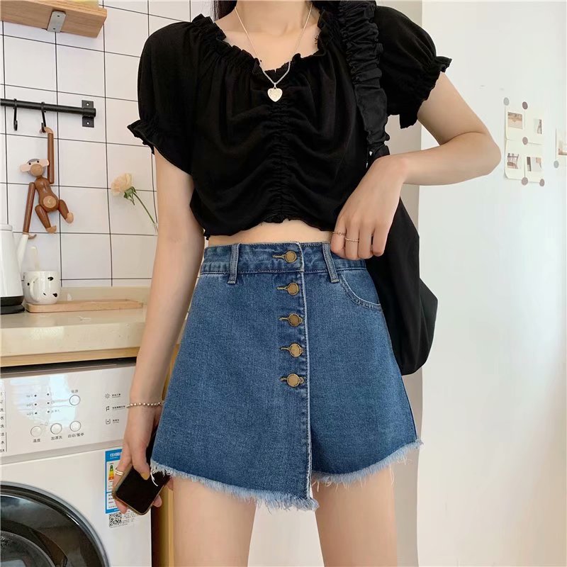 

Women Irregular Buttons Denim Short High Waist Slim Solid Pocket Female Jeans Skirt 2020 Summer Fashion 5XL Casual Ladies Short, 330black