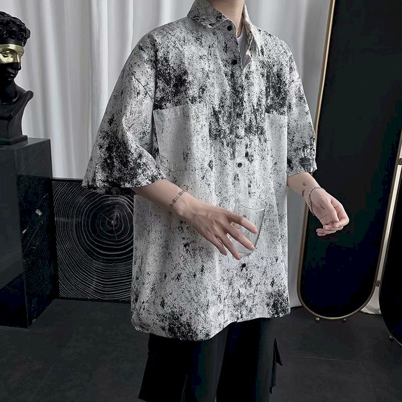 

tie dye mens shirts hansome casual shirt button up short sleeve blouse black men's clothing streetwear summer gothic couple top