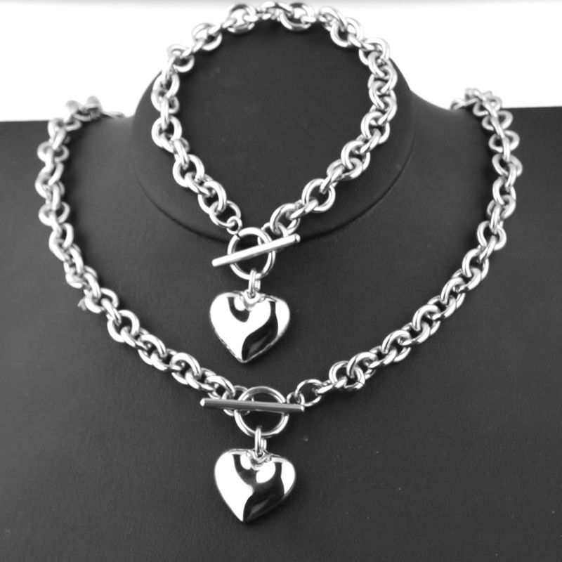 

1 Set Women Stainless Steel Chain Heart Toggle Bracelet Necklace Jewelry Set, As pic