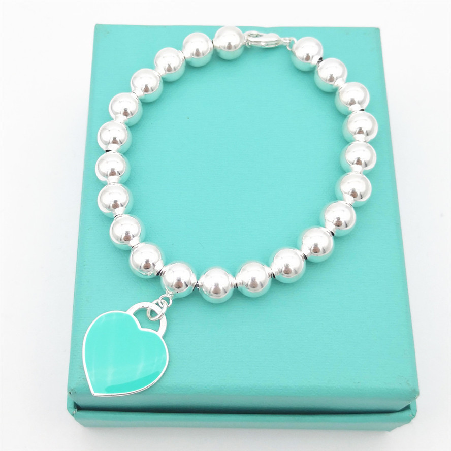 

1: 1 sterling silver 925 classic ladies blue enamel heart-shaped 8mm ball bead bracelet jewelry holiday gift CX200702