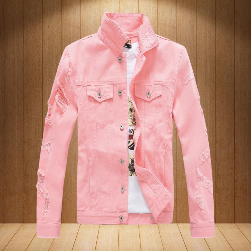 Mens Streetwear Denim Jackets Korean Fashion Men's Hip Hop Ripped Jeans Jacket Coat Men Brand Clothing Black White Red Pink XXXL